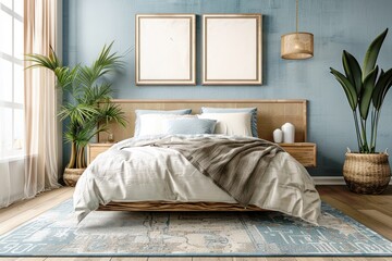 Photo mockup of blank frame in modern bedroom interior, king size bed, wooden furniture, green houseplants, hotel room, blue and brown warm core colors, sea resort aesthetic, AI generated