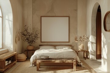 Mockup of blank frame in minimalistic interior, bedroom with beige bed, large window and wooden furniture, style of warmcore, earth brown tones, neutral organic design, AI generated
