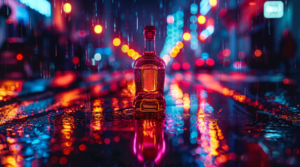 A vibrant neon sign of a vodka bottle glowing against a dark city backdrop, reflecting its luminance off rain-slicked streets below. - obrazy, fototapety, plakaty