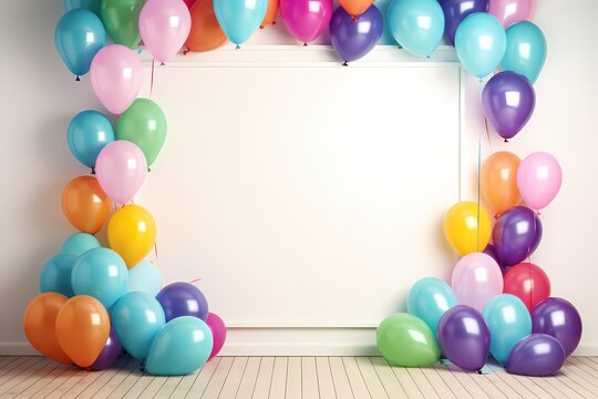 Colorful balloons, big and small, create a vibrant circle around an empty birthday frame, eagerly awaiting the photographic spectacle about to unfold.