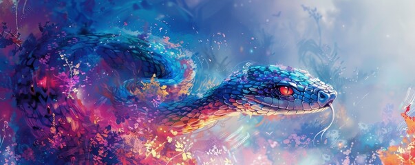 Mechanized watercolor serpent in the Garden of Eden with cybersecurity themes under the Bigbang light - obrazy, fototapety, plakaty