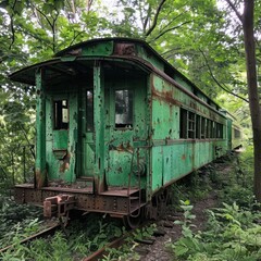 Fototapeta na wymiar A green vintage caboose on an abandoned railway nostalgic and forgotten