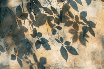 Shadows of leaves on a textured wall surface - Dancing shadows of leaves on a warm, textured wall surface, evoking a sense of nostalgia and tranquility