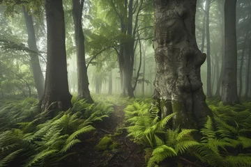 Papier Peint photo Olive verte An ancient forest with giant trees and a carpet of ferns mysterious and ancient nature landscape