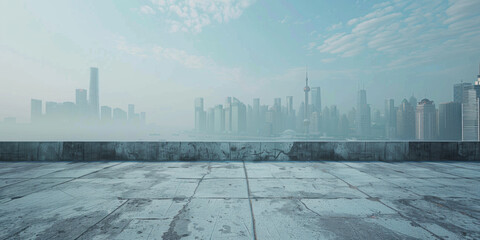 A concrete floor with a view of city skyline.