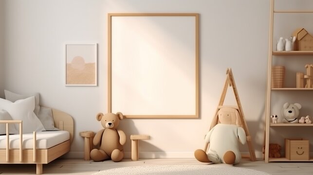 Cozy children room interior with wooden toys, furniture and black picture frame mockup. Farmhouse style interior design concept.
