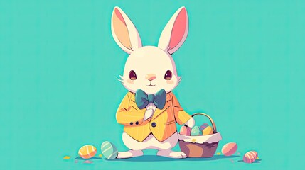 Cute Easter rabbit with eggs basket on mint color background with copy space, kawaii baby bunny in jacket, AI generated