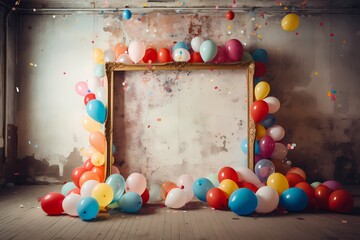 Colorful balloons, big and small, create a vibrant circle around an empty birthday frame, eagerly awaiting the photographic spectacle about to unfold.