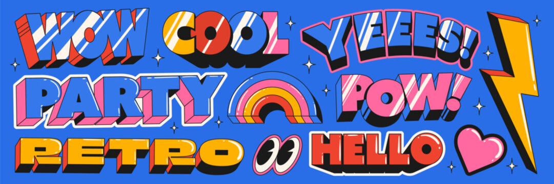 A set of cool retro stickers with comic book style words. 