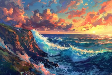 watercolor of Coastal cliffs with crashing waves below and a dramatic sunset nature landscape