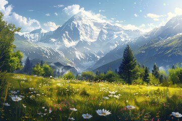 watercolor of  A tranquil alpine meadow with wildflowers and a snow capped mountain backdrop idyllic nature landscape