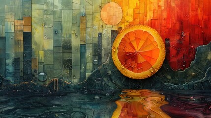  Citrus Symphony, vibrant citrus slices artfully arranged on a fluid abstract background, evoking freshness and vitality.