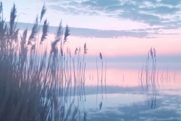 A serene wetland at twilight with reflections of tall reeds and a pastel sky peaceful nature landscape - obrazy, fototapety, plakaty