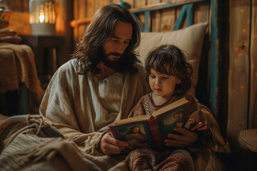 Jesus Christ reading a book to a child