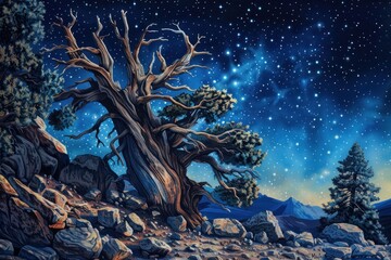 Fototapeta na wymiar watercolor of An ancient bristlecone pine forest under a star filled night sky timeless and majestic nature landscape