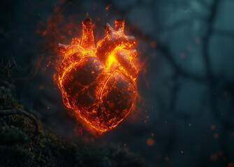 Concept of heart pain. Burning human heart with blood vessels, 3D illustration showing human heart anatomy