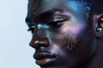 Black gay man with sparkling glitter make-up on the light studio background with copy space