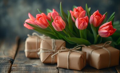 Obraz na płótnie Canvas gifts box with tulips, blurry background 