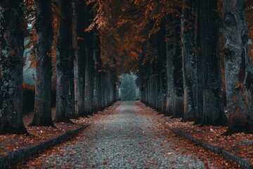 Pathway lined with autumn leaves and towering trees showcasing the rich palette of fall colors and the nostalgic feeling of a walk through the woods