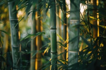 Fototapeta na wymiar Peaceful scene of bamboo forest with sunlight filtering through the tall green stalks creating a natural calming atmosphere