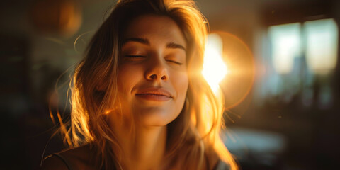 Obraz premium Warm Glow: Woman Embracing Light. Close-up of a woman basking in warm sunlight with closed eyes.