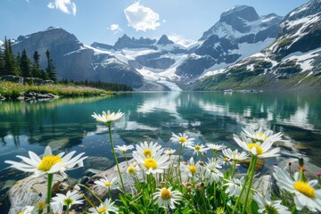 Fototapeta na wymiar Pristine alpine lake reflecting the surrounding snow capped mountains with wildflowers dotting the shoreline showcasing natures pristine beauty