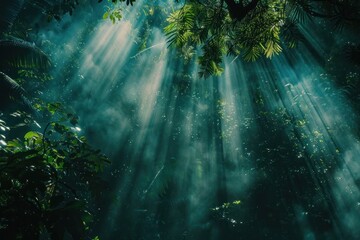 Rainforest canopy viewed from below with beams of sunlight piercing through the dense foliage highlighting the diverse ecosystem  and vibrant life - obrazy, fototapety, plakaty