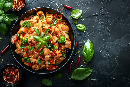 Visual Presentation of Pad Krapow Moo Saap in Thai Cuisine. Concept Thai Cuisine, Pad Krapow Moo Saap, Visual Presentation, Food Styling, Culinary Art