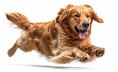Golden retriever dog running and jumping happily on transparent background 