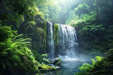 Majestic waterfall cascading into a lush fern gully surrounded by vibrant greenery capturing the powerful and refreshing essence of the natural world - obrazy, fototapety, plakaty