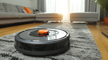 Robotic vacuum cleaner cleaning carpet in the living room.
