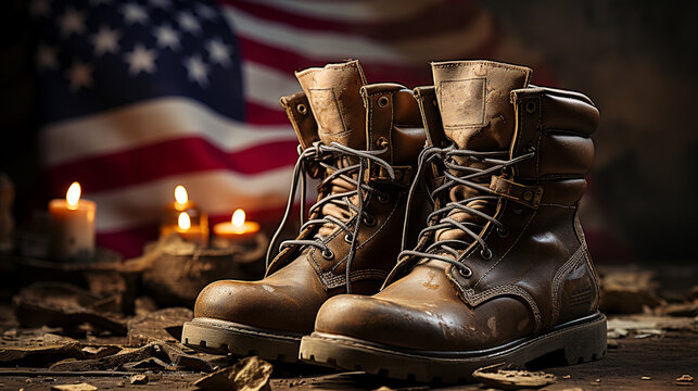 Old military combat boots on a wooden table with the American flag background