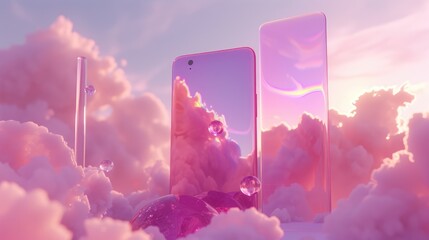 Smartphone surrounded by dark pink and purple clouds