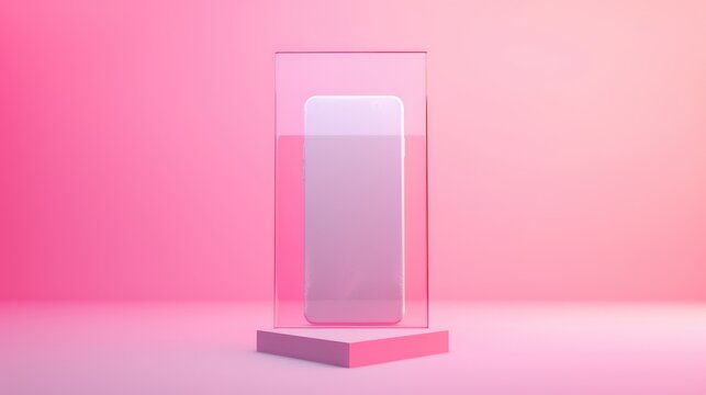 Smartphone in glass on pink solid color background