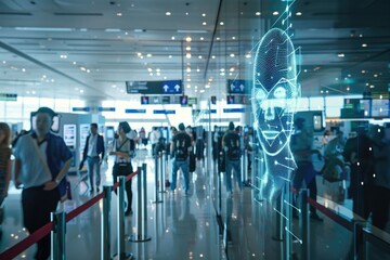 Holographic Security Checkpoint at a Busy Airport Terminal - obrazy, fototapety, plakaty