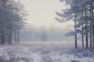 A frosty morning scene in a pine forest with snow covered trees and a gentle mist encapsulating the quiet and stillness of winter