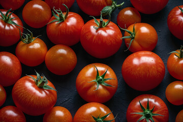 Tomato background ai generated. Tomato on black background. Soft focus tomatoes on dark. Generative AI