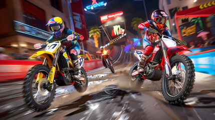 Motocross riders compete fiercely on a dirt track with a dynamic urban backdrop, showcasing speed and agility.
