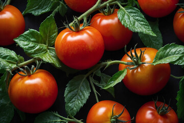Tomato background ai generated. Tomato on black background. Soft focus tomatoes on dark. Generative AI