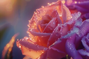 Captivating close up of dew kissed roses at dawn showcasing intricate petal textures and vibrant colors