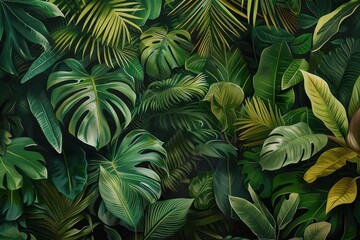 Artistic composition of an assortment of tropical plants with lush green leaves featuring different textures and shades of green ideal for a botanical illustration