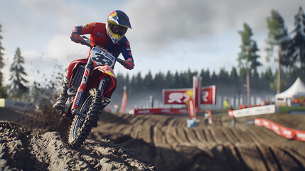 A motocross racer takes on a challenging dirt track, demonstrating skill and control in a competitive race setting.
