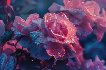 Captivating close up of dew kissed roses at dawn showcasing intricate petal textures and vibrant colors