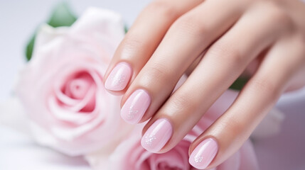 Fototapeta premium Pink rose with manicure hands on white background