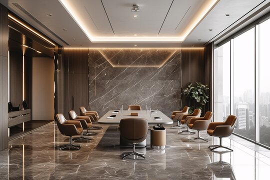 A luxurious and sophisticated modern conference room with sleek furniture and a grand marble table, designed for executive meetings