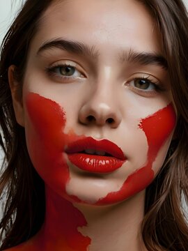 Close-up of a woman with red paint on her face. Generative AI