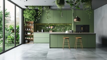 Minimalist green kitchen, simplicity reigns supreme with clean lines, uncluttered surfaces