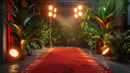 Elegant setting featuring a red carpet surrounded by lush greenery and spotlighting, perfect for events, performances, or celebrations in a vibrant indoor space