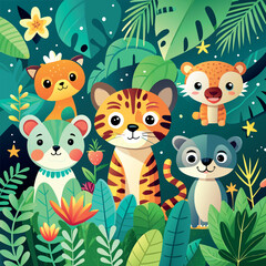 minimalist small cute and fun baby jungle animals in the style of a childrens invitation, large amount