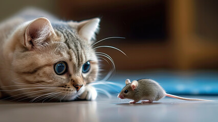 Cute little kitten and mouse on floor at home.